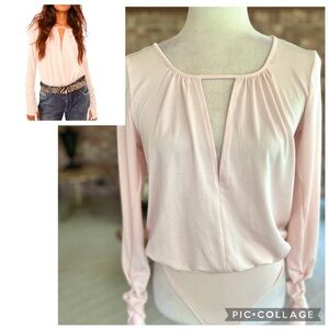 Free People Intimately Kaya Bodysuit Ruched Sleeve Keyhole Pink XS Stretch Knit